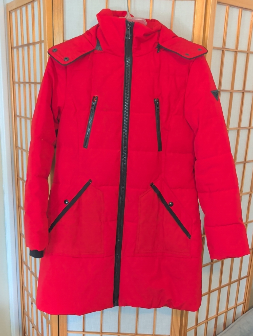 Guess Red Women's Mid-Length Puffer Coat with Faux Fur Trimmed Hood